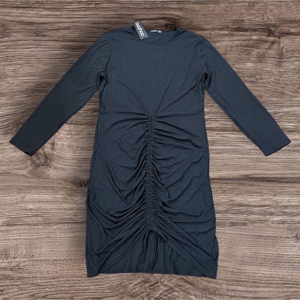 Boohoo Plus Black Ribbed Ruched Bodycon Midi Dress Long Sleeve Size 22